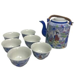 Vintage Japanese Blue Painted Ceramic Teapot Teacup Set Bamboo Handle
